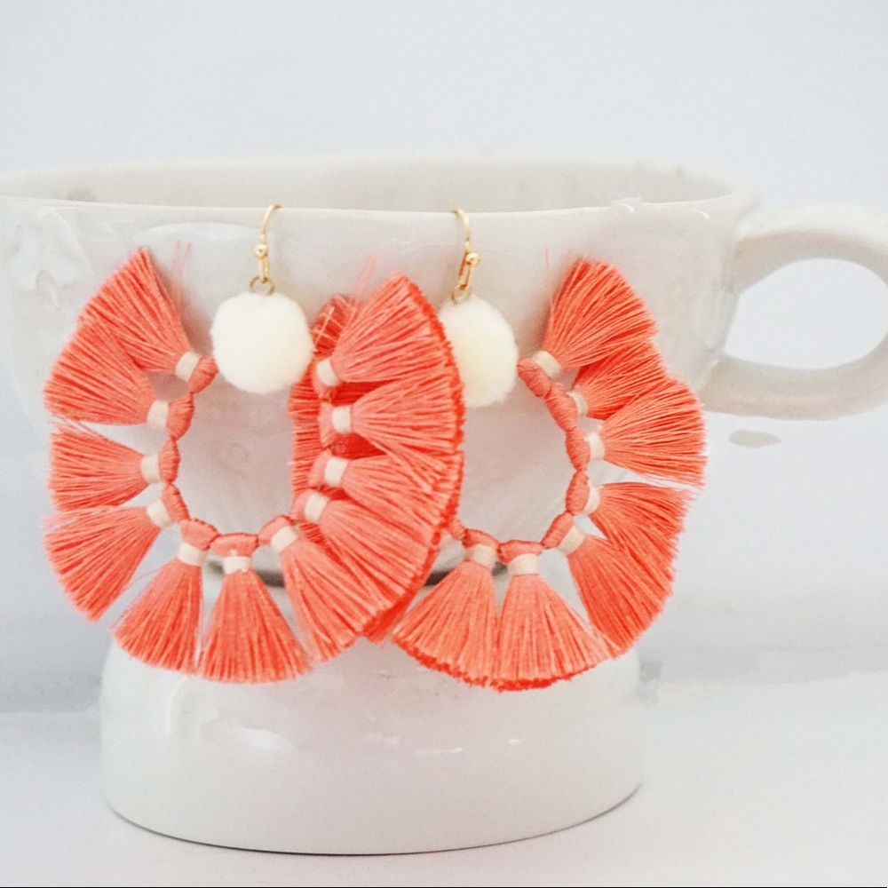 The Gem Co. Coral & White Tassel Pom Pom Earrings
